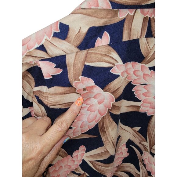 Hilo Hattie Hawaiian Shirt Large Floral Pink & Brown 100% Cotton Short Sleeve - Picture 3 of 7